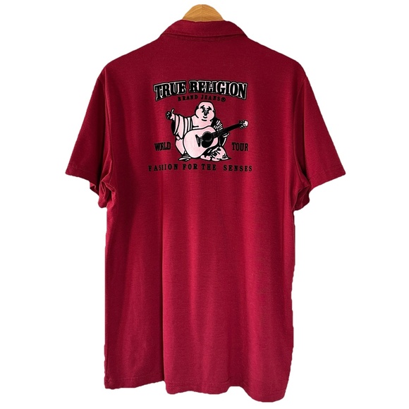 True Religion XXL Red Polo‎ Shirt Buddha Logo Y2K Streetwear Grunge Skate Core - Picture 2 of 11